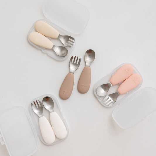 UBMOM Stainless Steel Spoon and Fork Set with Case (Silicone Handle)